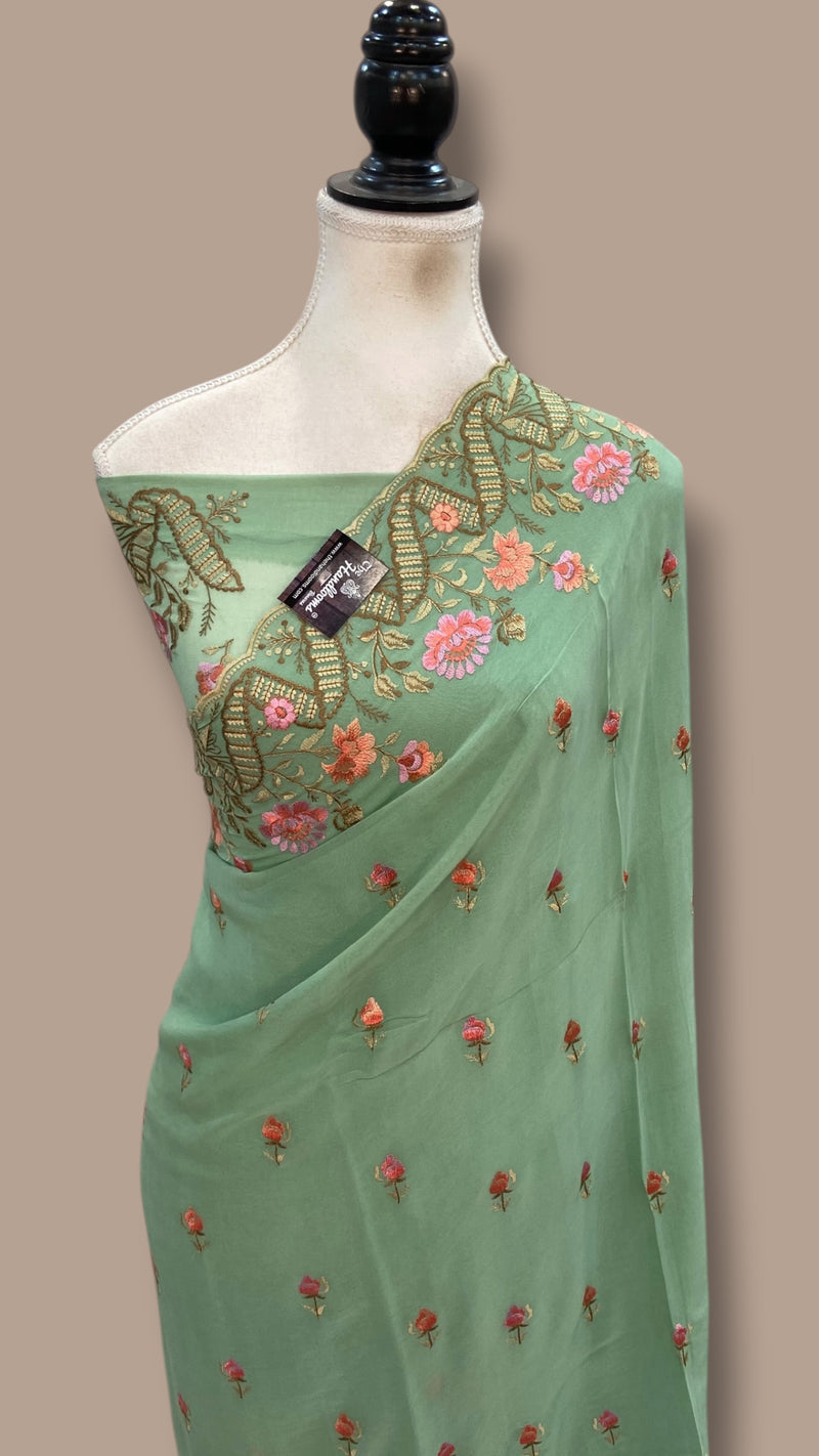Pure Georgette Chikankari Handloom Banarasi Saree - The Handlooms