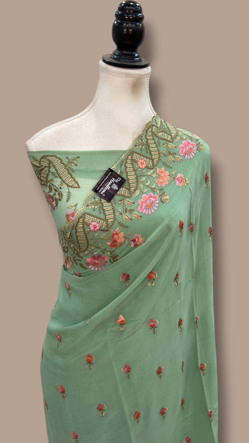 Pure Georgette Chikankari Handloom Banarasi Saree - The Handlooms