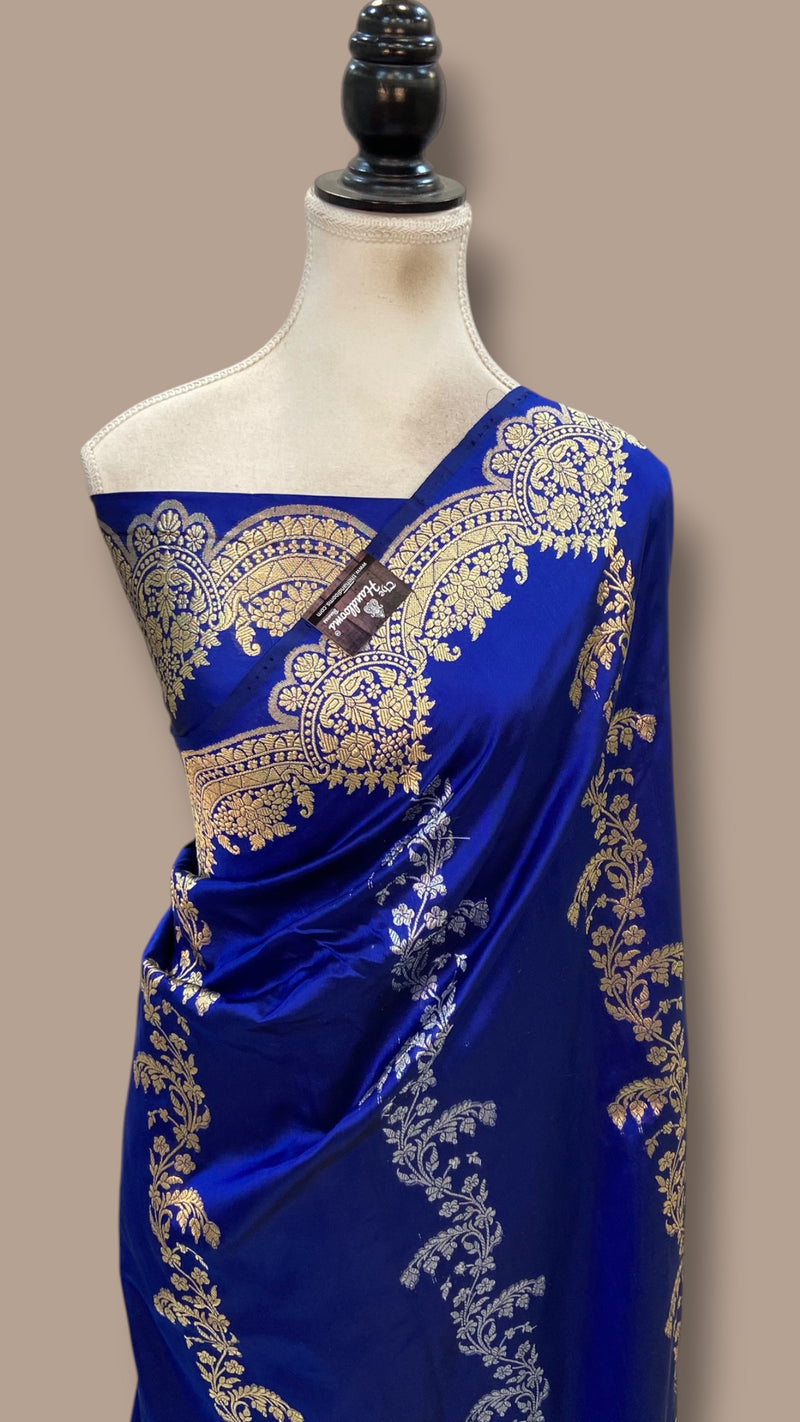 Dark Blue Pure Katan Silk Banarasi Handloom Saree - All Over Soona Roopa Kadua Stripe - The Handlooms