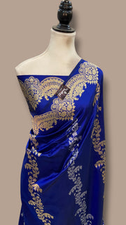 Dark Blue Pure Katan Silk Banarasi Handloom Saree - All Over Soona Roopa Kadua Stripe - The Handlooms