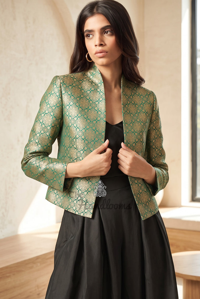 Green Pure Katan Silk Handwoven Jacket - Tanchui Brocade