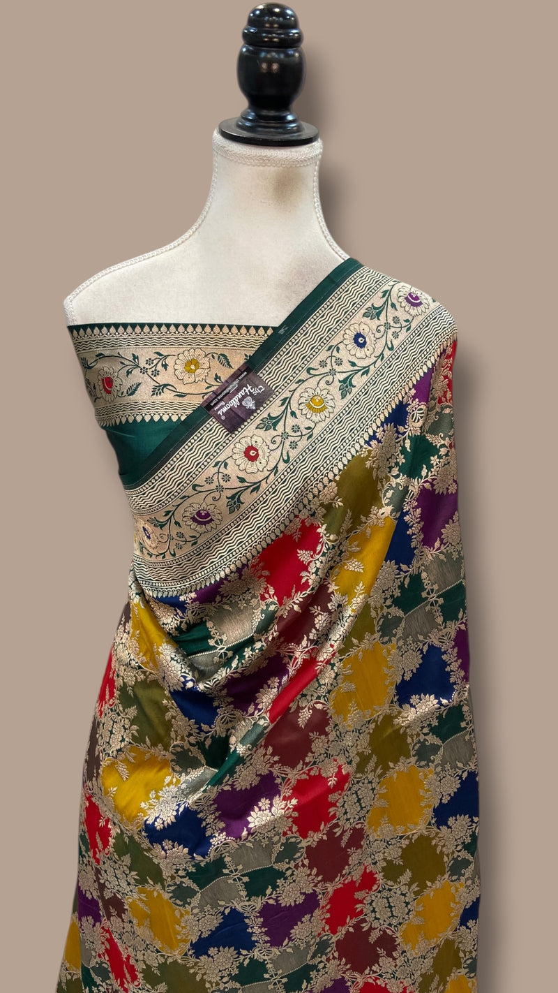 Multicolor Pure Katan Silk Banarasi Handloom Saree - All over Jaal Work With Rangkart - The Handlooms