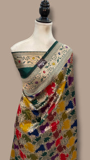 Multicolor Pure Katan Silk Banarasi Handloom Saree - All over Jaal Work With Rangkart - The Handlooms