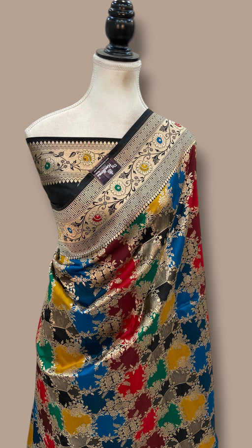 Multicolor Pure Katan Silk Banarasi Handloom Saree - All over Jaal Work With Rangkart - The Handlooms