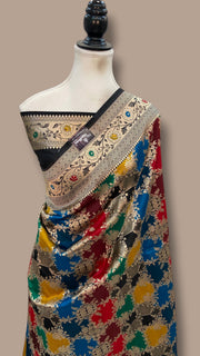 Multicolor Pure Katan Silk Banarasi Handloom Saree - All over Jaal Work With Rangkart - The Handlooms