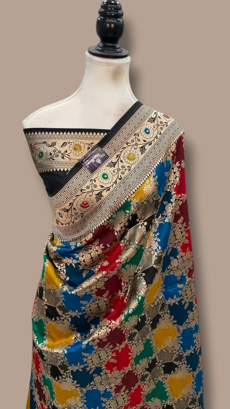 Multicolor Pure Katan Silk Banarasi Handloom Saree - All over Jaal Work With Rangkart - The Handlooms