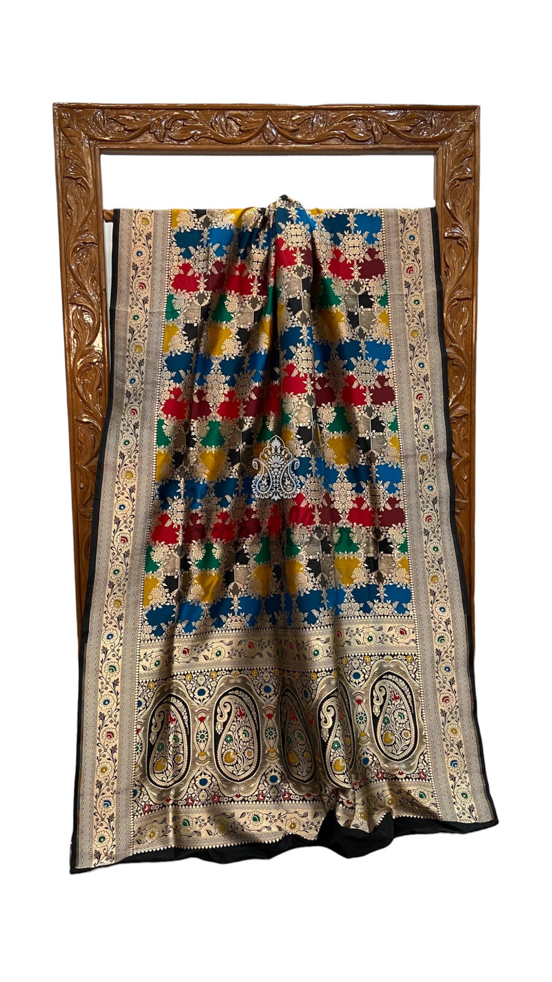 Multicolor Pure Katan Silk Banarasi Handloom Saree - All over Jaal Work With Rangkart - The Handlooms