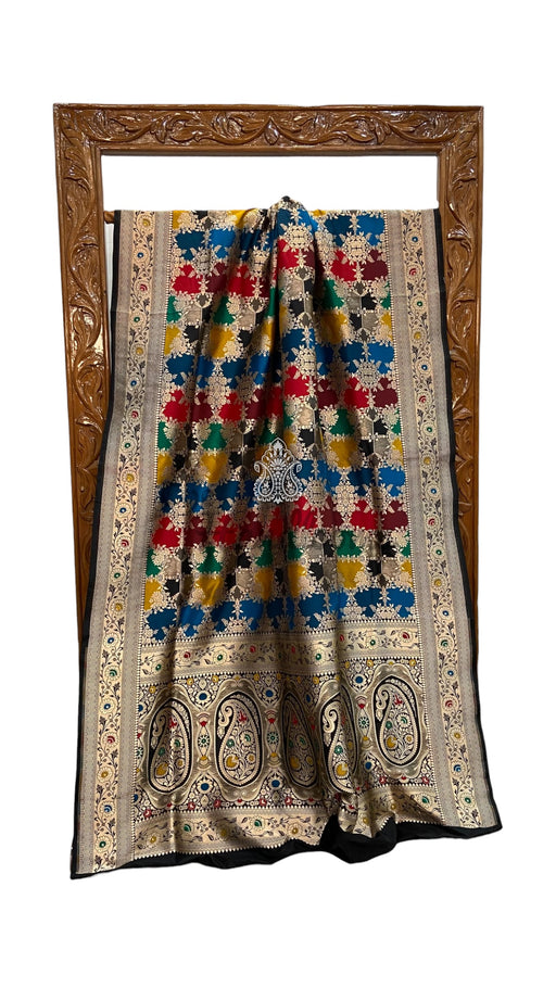 Multicolor Pure Katan Silk Banarasi Handloom Saree - All over Jaal Work With Rangkart - The Handlooms