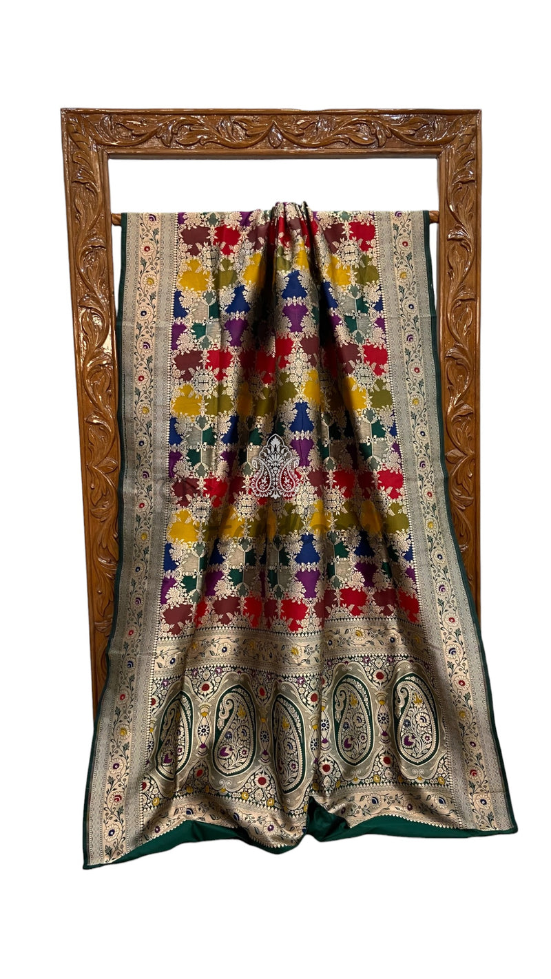 Multicolor Pure Katan Silk Banarasi Handloom Saree - All over Jaal Work With Rangkart - The Handlooms