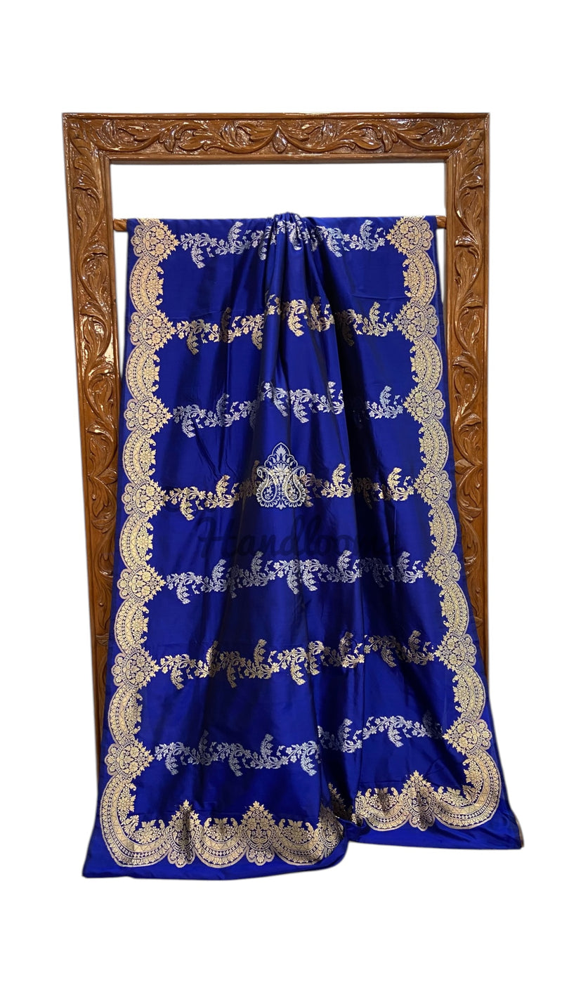 Dark Blue Pure Katan Silk Banarasi Handloom Saree - All Over Soona Roopa Kadua Stripe - The Handlooms