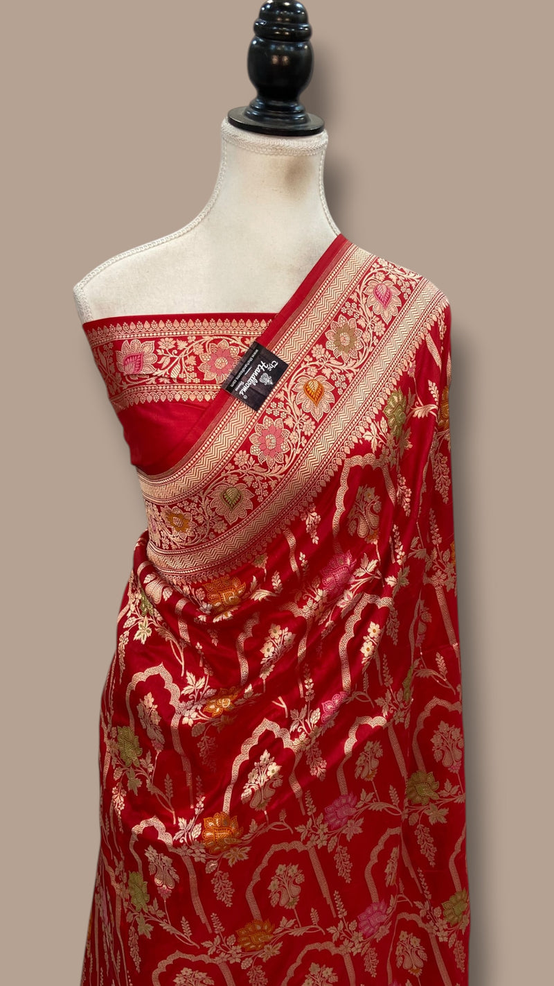 Pure Katan Silk Banarasi Handloom Saree - All Over Jaal Work With Meenakari - The Handlooms