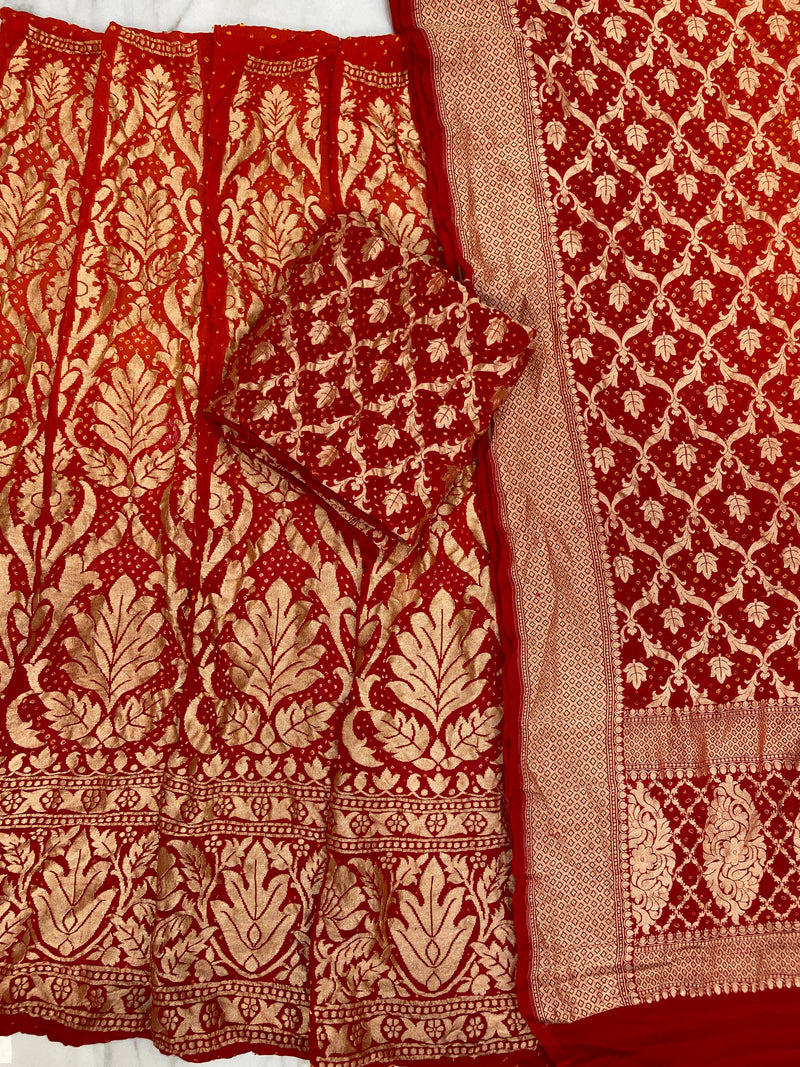 Pure Khaddi Georgette Bandhani Handloom Banarasi Lehenga - The Handlooms