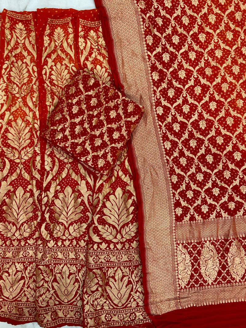 Pure Khaddi Georgette Bandhani Handloom Banarasi Lehenga - The Handlooms