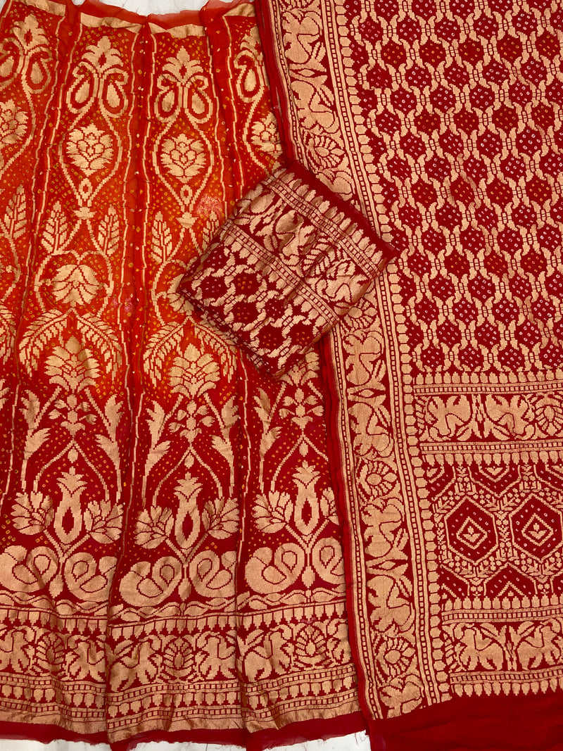 Pure Khaddi Georgette Bandhani Handloom Banarasi Lehenga - The Handlooms
