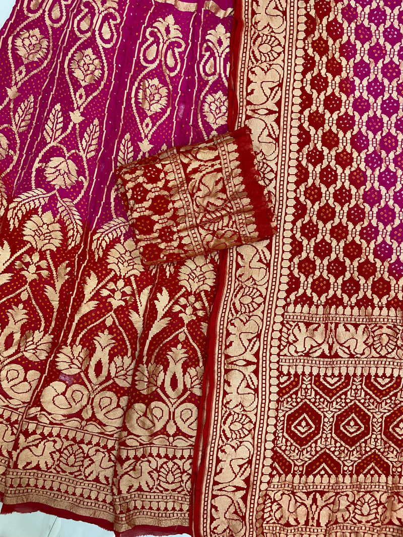 Pure Khaddi Georgette Bandhani Handloom Banarasi Lehenga - The Handlooms