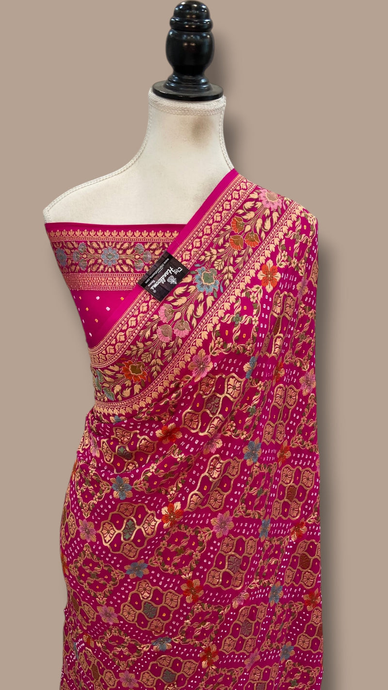 Pure Georgette Banarasi Bandhej Handloom Saree - Meenakari - The Handlooms