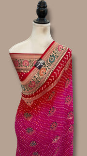 Pure Georgette Banarasi Bandhej Handloom Saree - Meenakari - The Handlooms