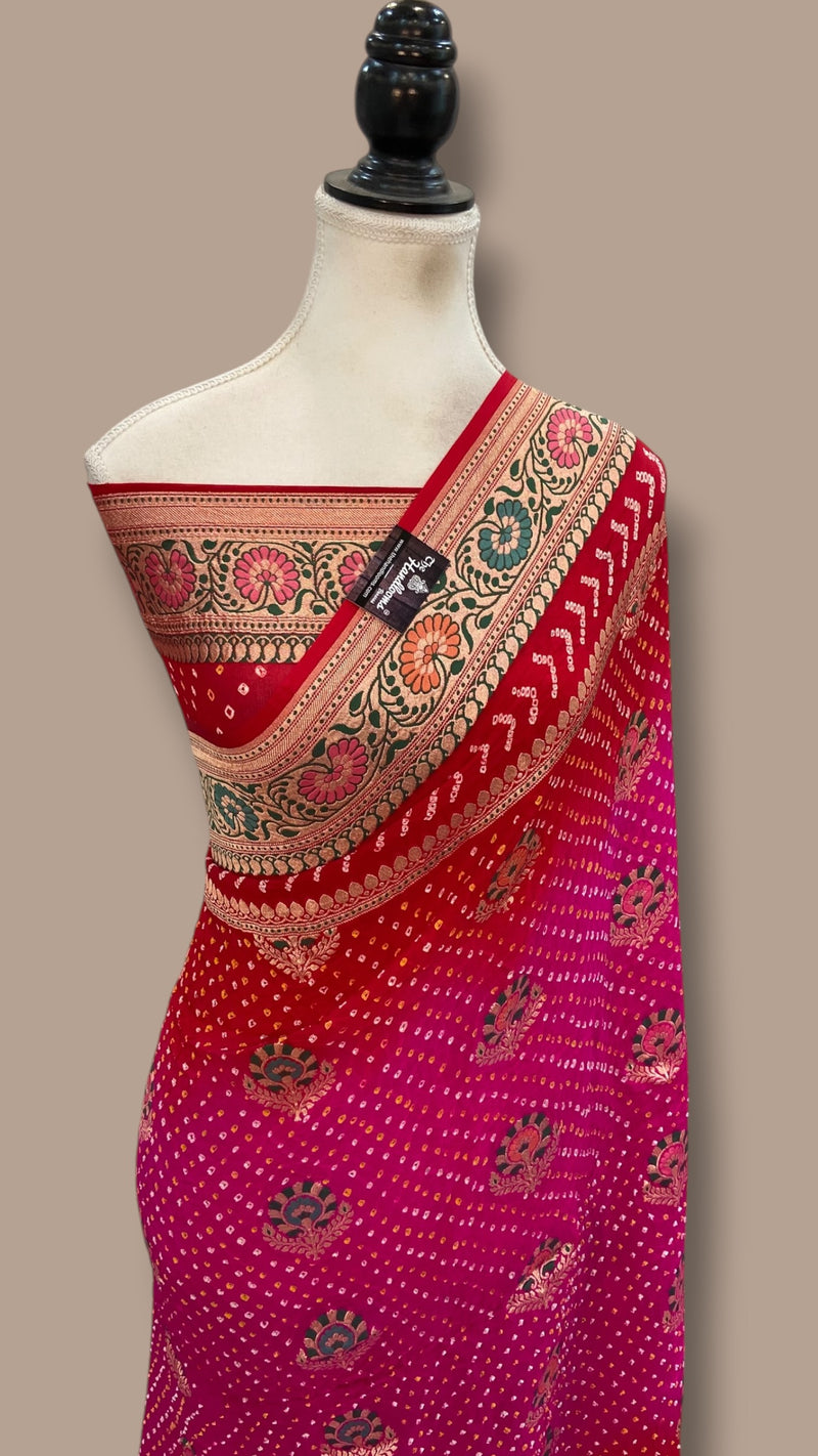 Pure Georgette Banarasi Bandhej Handloom Saree - Meenakari - The Handlooms