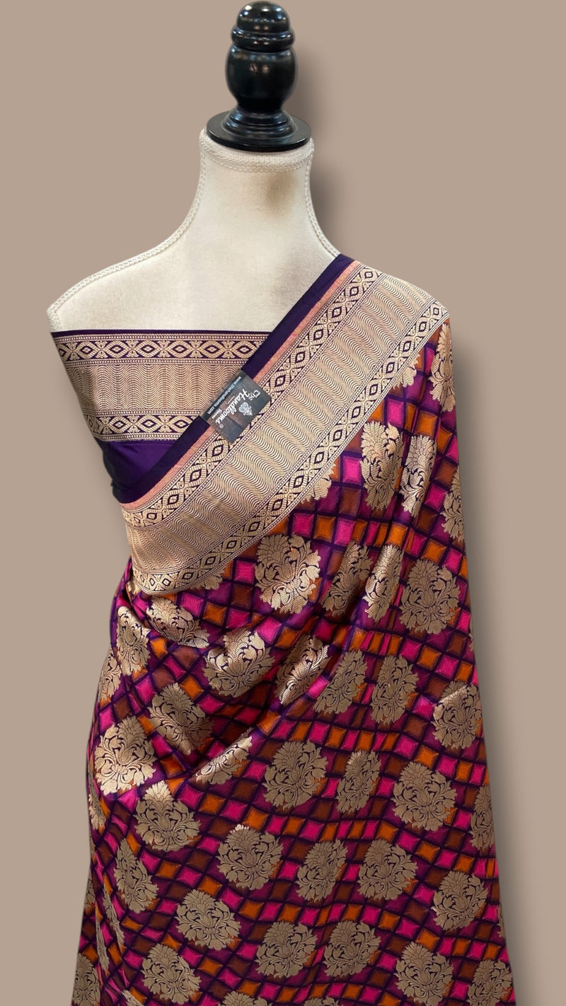 Multicolor Pure Katan Silk Banarasi Handloom Saree - All Over Jaal Work