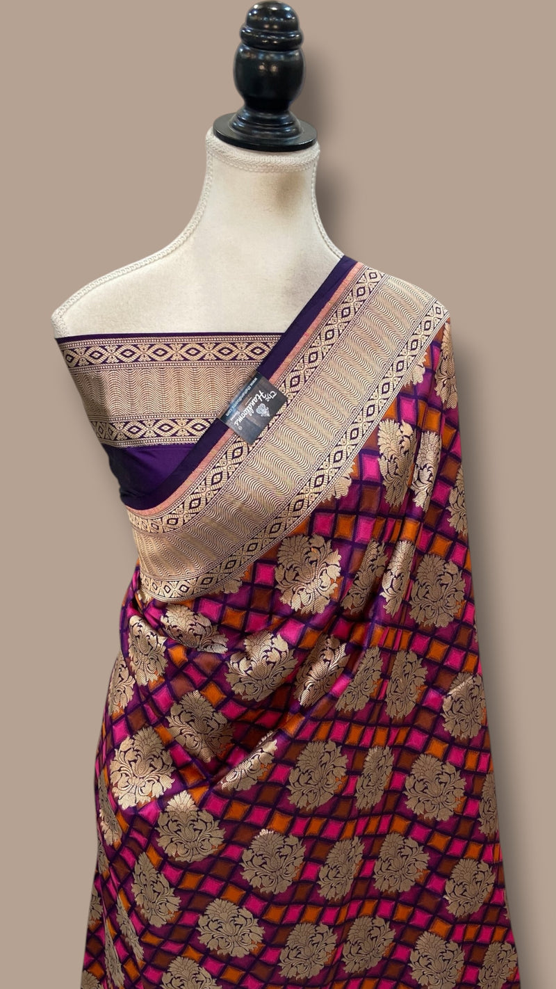 Multicolor Pure Katan Silk Banarasi Handloom Saree - All Over Jaal Work