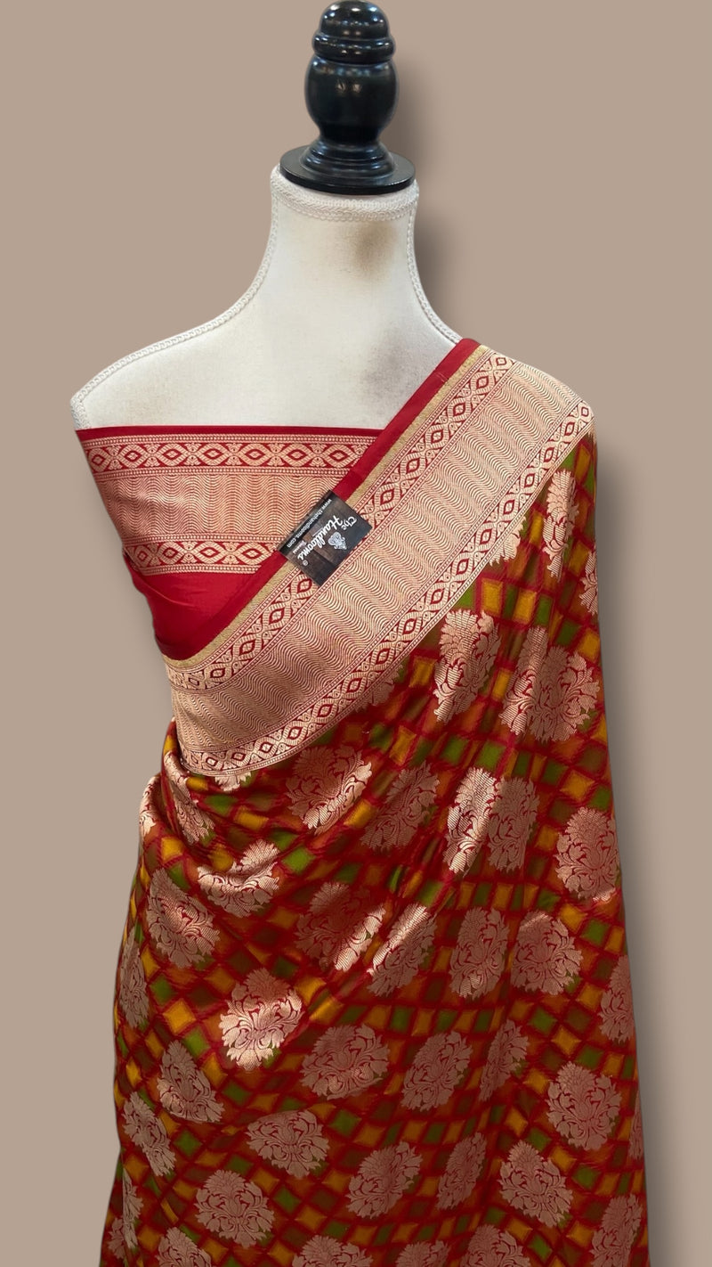 Multicolor Pure Katan Silk Banarasi Handloom Saree - All Over Jaal Work