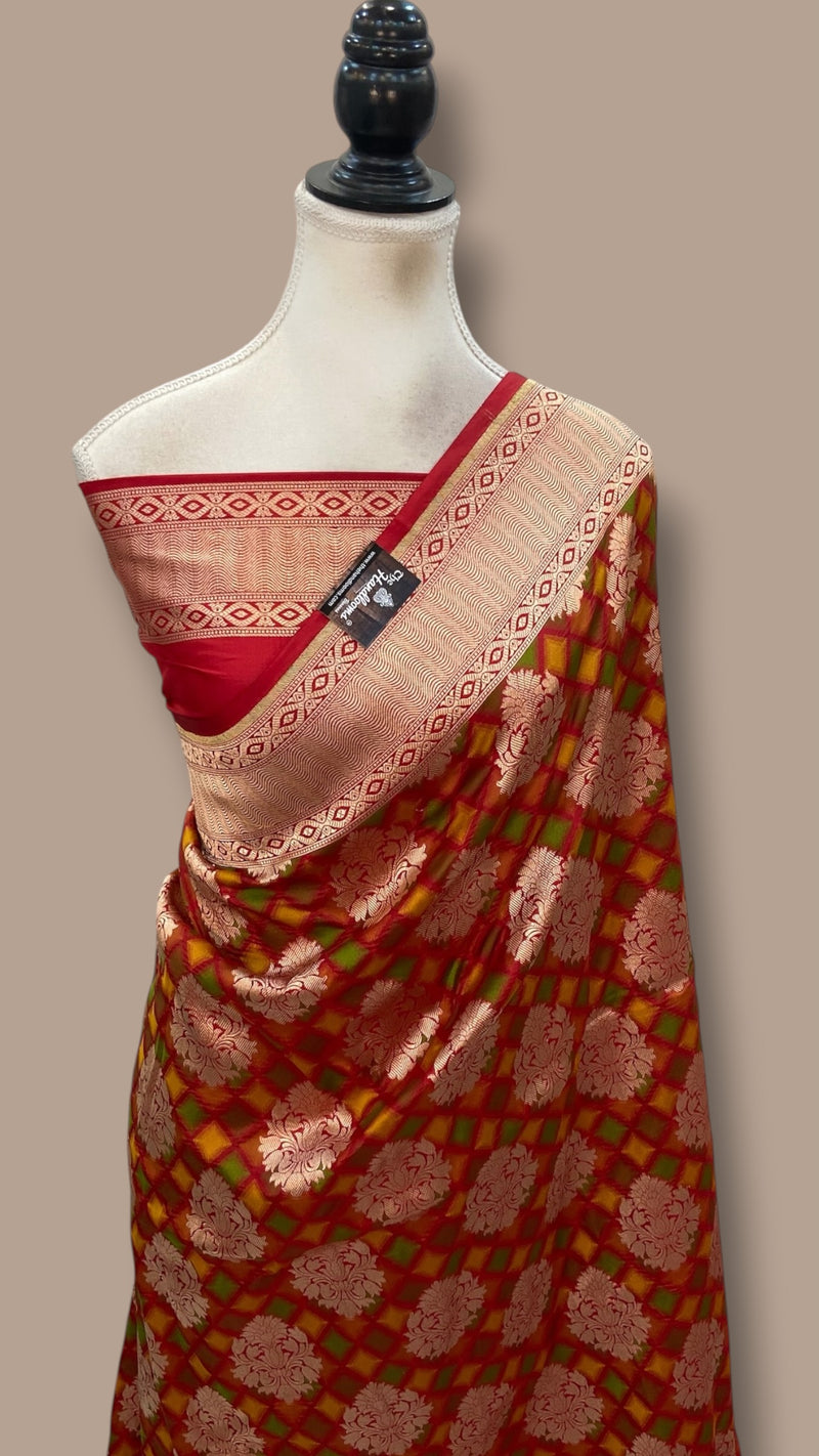 Multicolor Pure Katan Silk Banarasi Handloom Saree - All Over Jaal Work