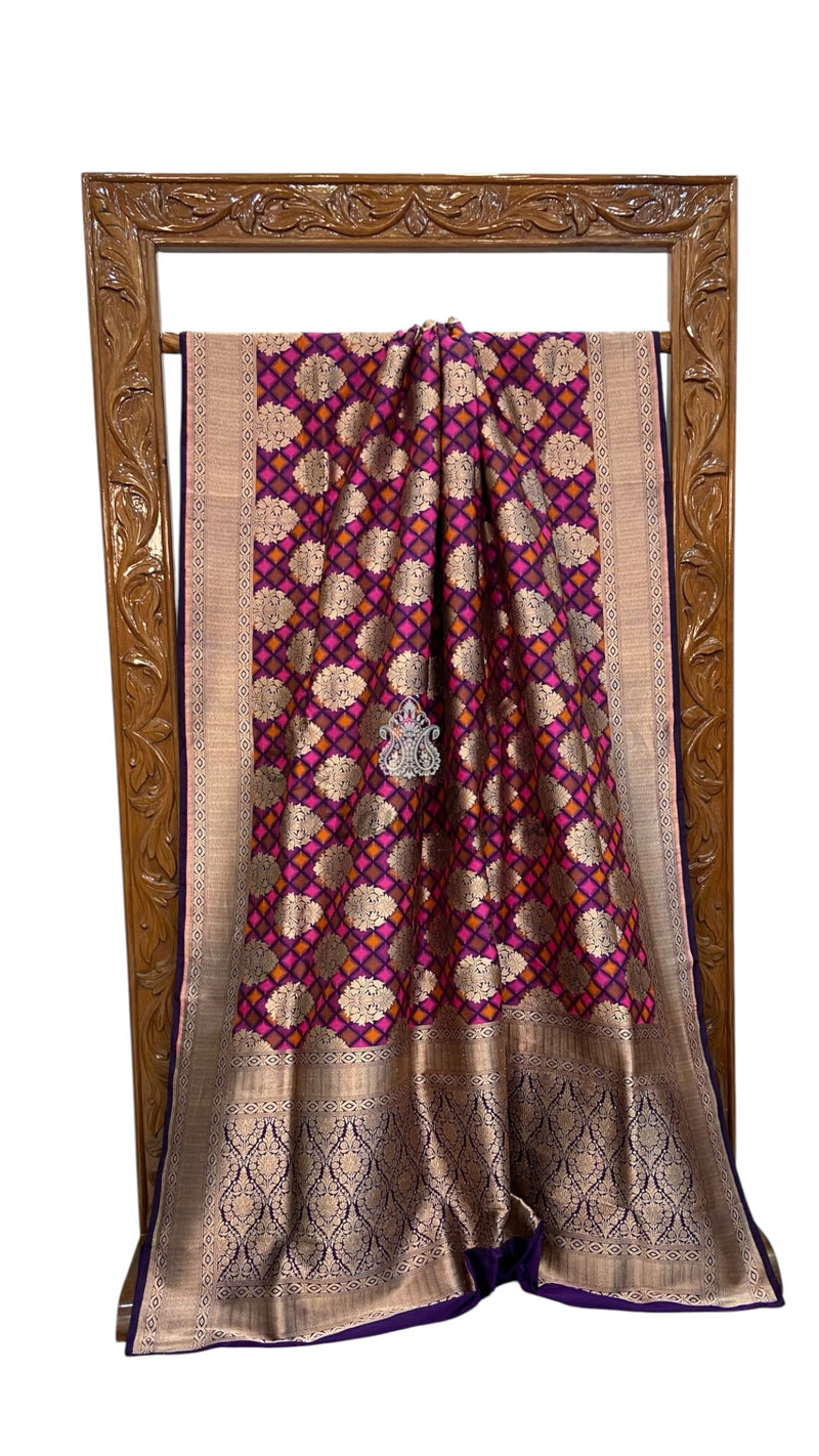 Multicolor Pure Katan Silk Banarasi Handloom Saree - All Over Jaal Work