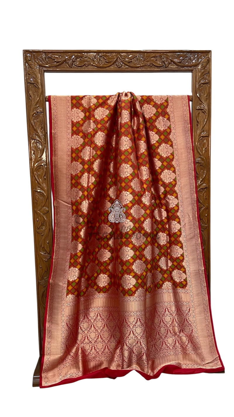 Multicolor Pure Katan Silk Banarasi Handloom Saree - All Over Jaal Work