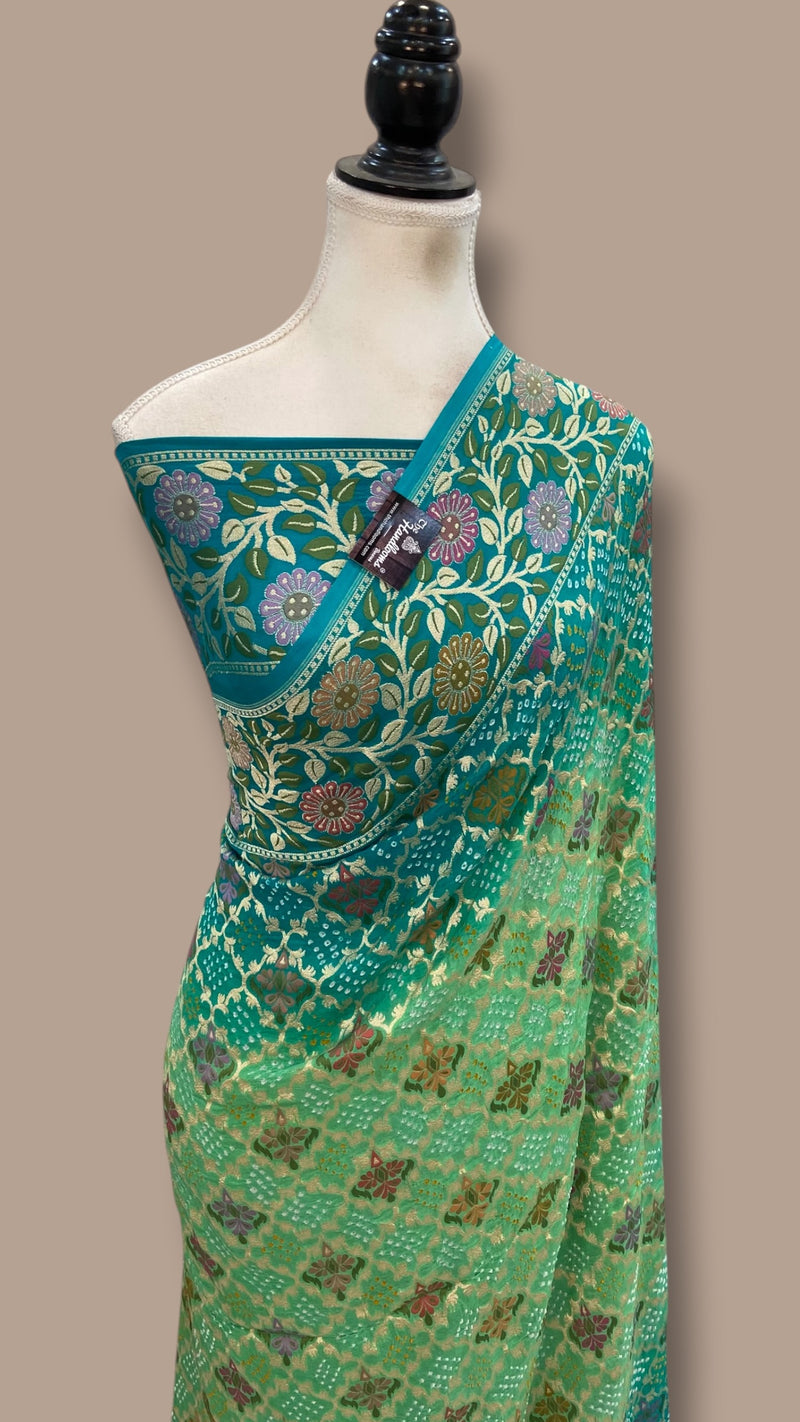 Pure Georgette Banarasi Bandhej Handloom Saree - Meenakari - The Handlooms