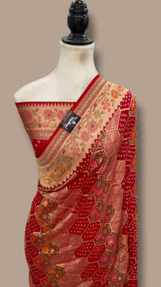 Pure Georgette Banarasi Bandhej Handloom Saree - Meenakari - The Handlooms