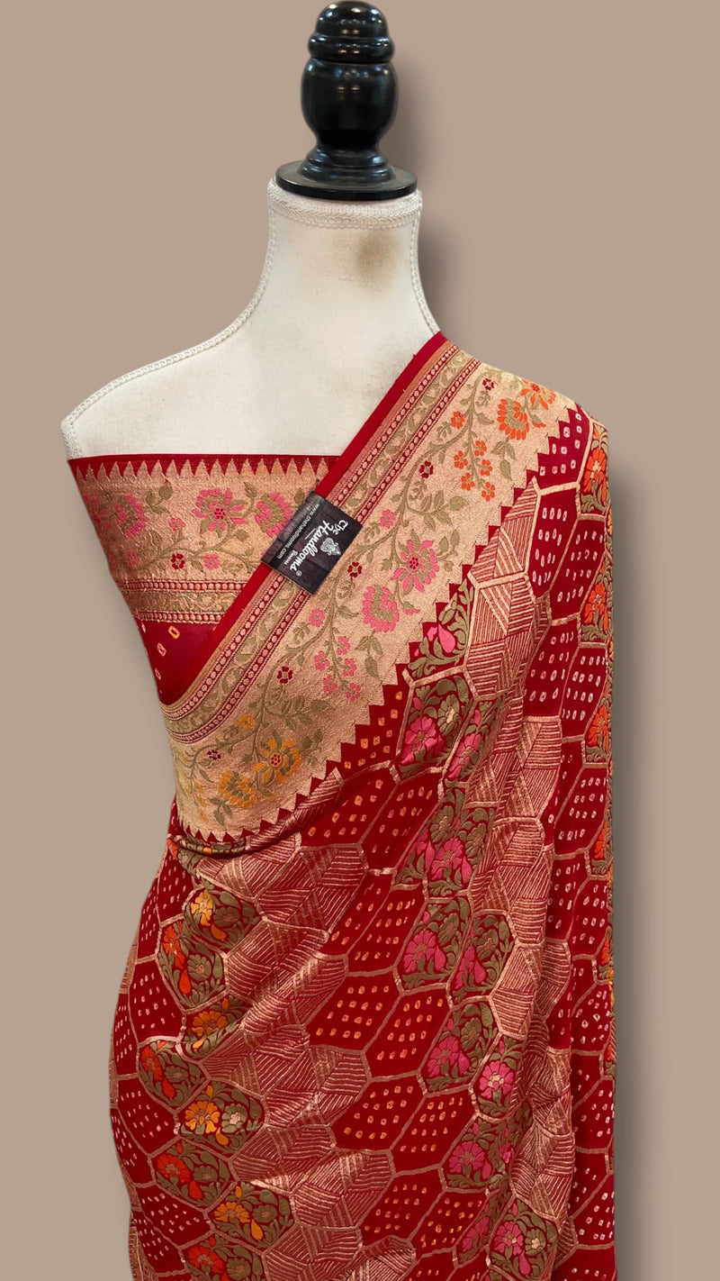 Pure Georgette Banarasi Bandhej Handloom Saree - Meenakari - The Handlooms