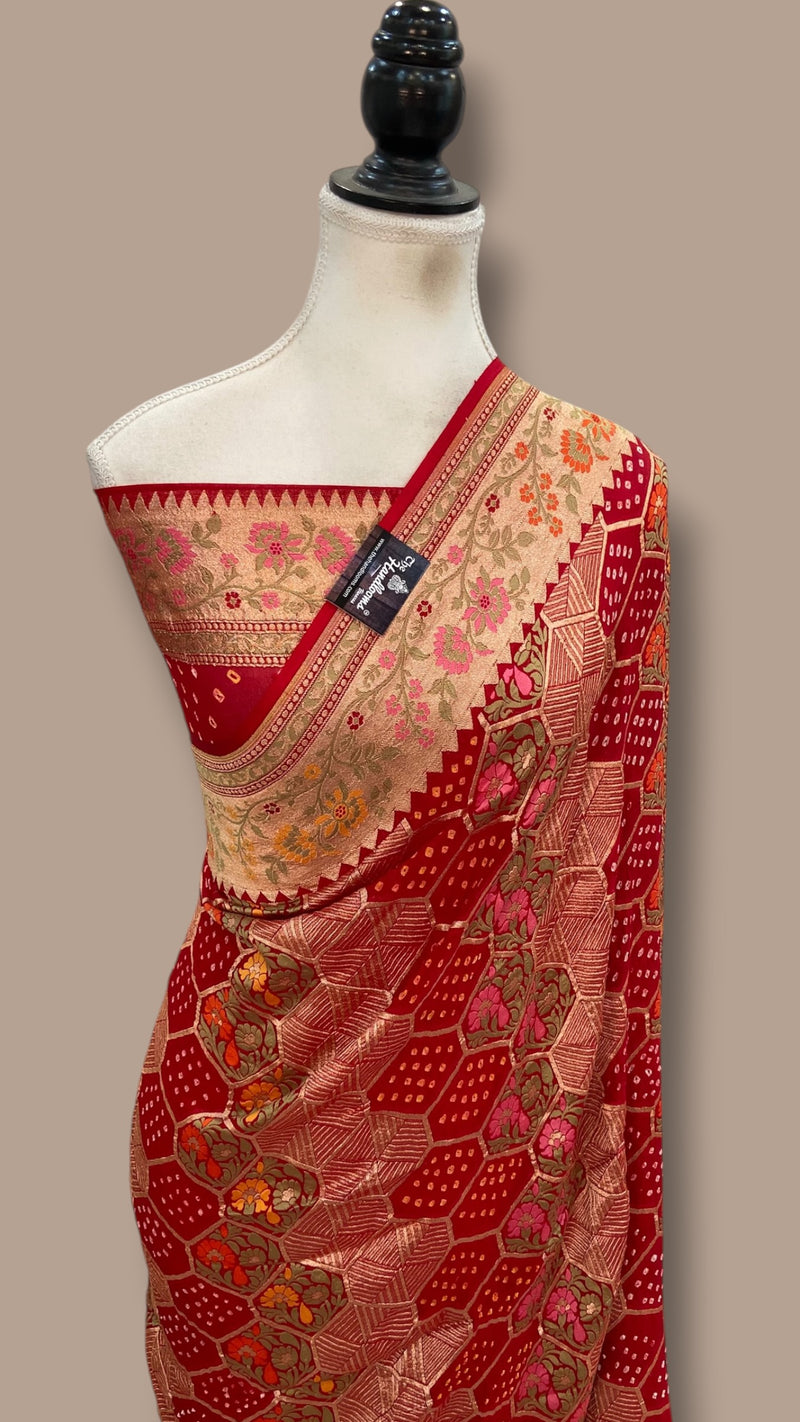 Pure Georgette Banarasi Bandhej Handloom Saree - Meenakari - The Handlooms
