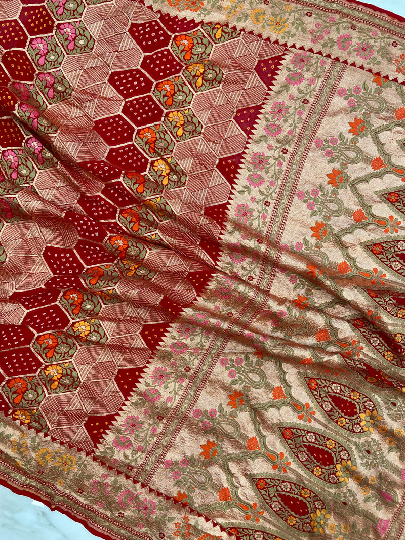 Pure Georgette Banarasi Bandhej Handloom Saree - Meenakari - The Handlooms