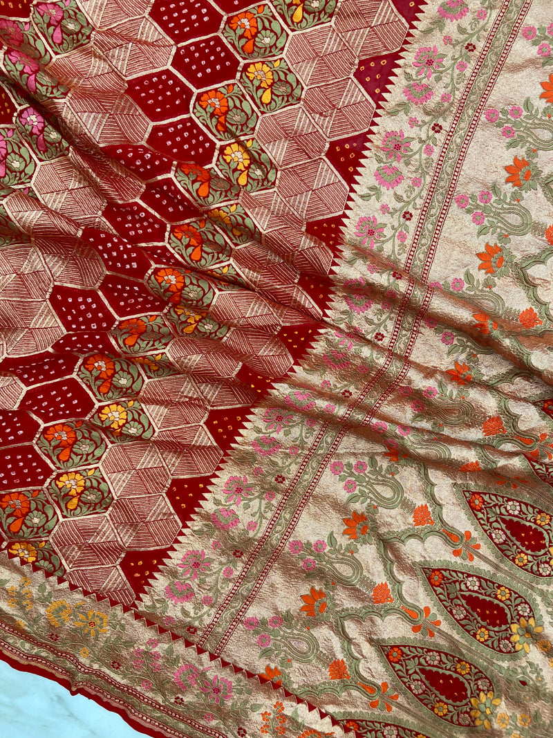 Pure Georgette Banarasi Bandhej Handloom Saree - Meenakari - The Handlooms