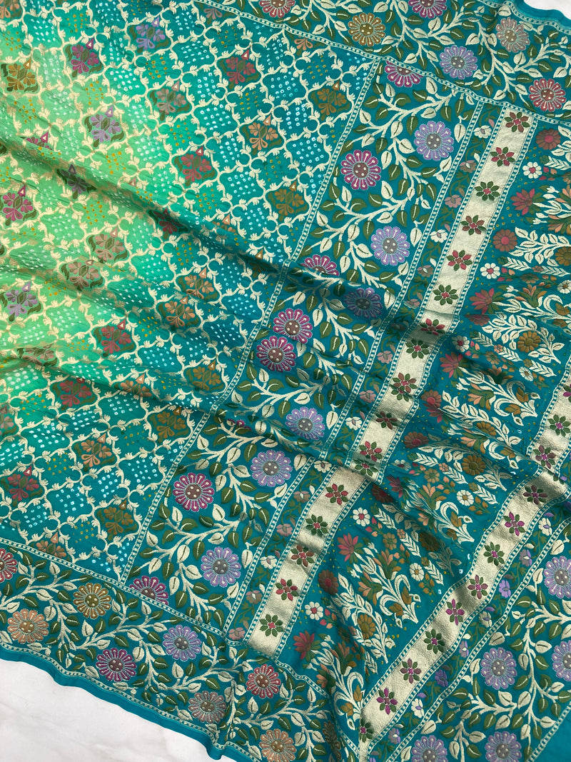 Pure Georgette Banarasi Bandhej Handloom Saree - Meenakari - The Handlooms
