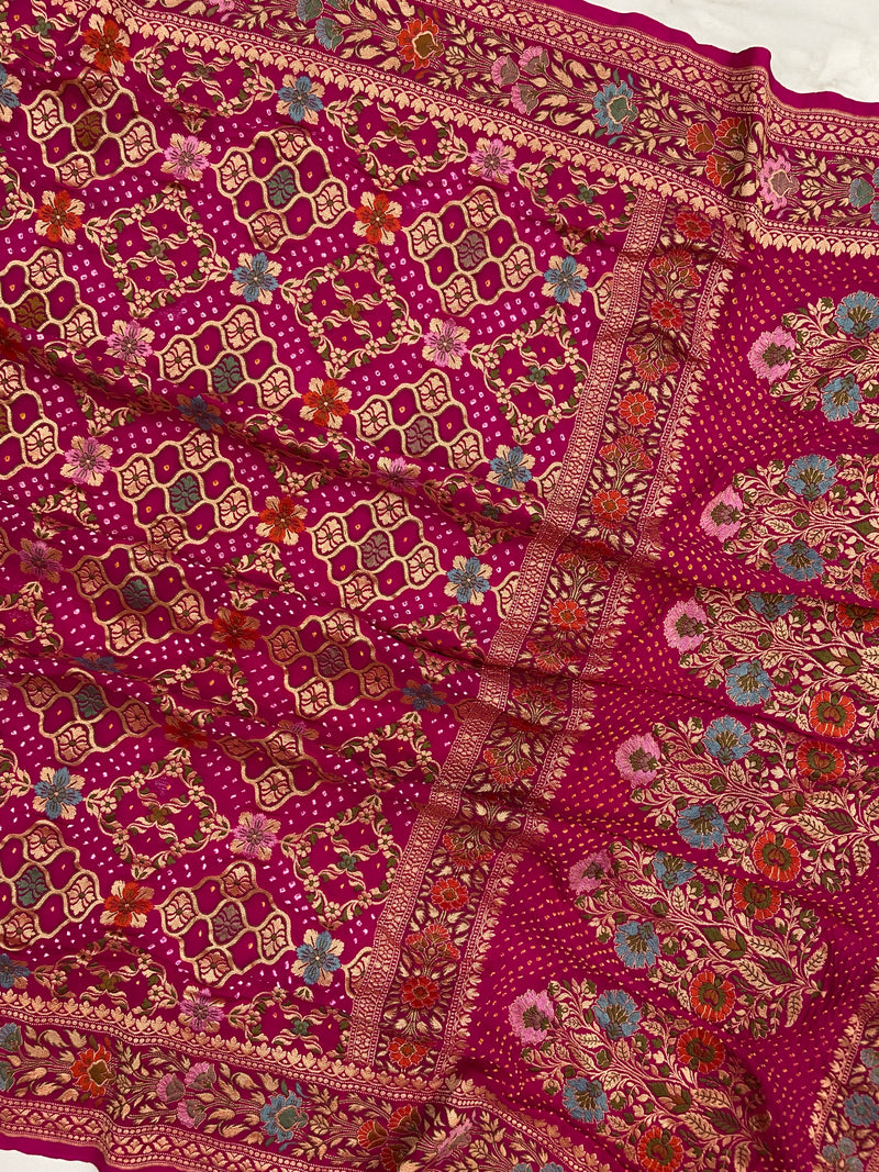 Pure Georgette Banarasi Bandhej Handloom Saree - Meenakari - The Handlooms