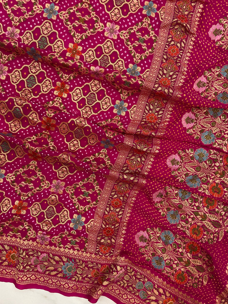 Pure Georgette Banarasi Bandhej Handloom Saree - Meenakari - The Handlooms
