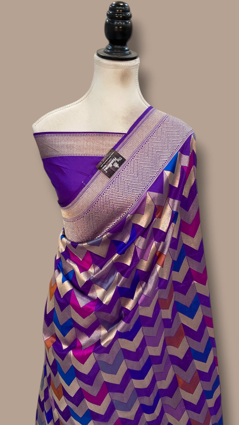 Multicolor Pure Katan Silk Banarasi Handloom Saree - All over Jaal Work With Rangkart - The Handlooms