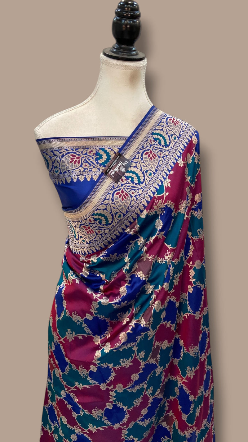 Multicolor Pure Katan Silk Banarasi Handloom Saree - All over Jaal Work With Rangkart - The Handlooms