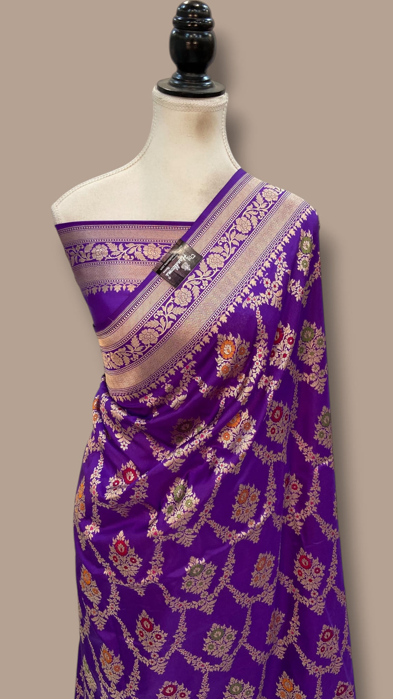 Pure Katan Silk Banarasi Handloom Saree - All Over Jaal Work With Meenakari - The Handlooms