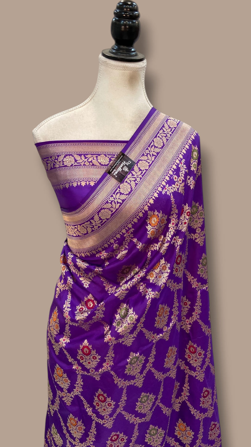 Pure Katan Silk Banarasi Handloom Saree - All Over Jaal Work With Meenakari - The Handlooms