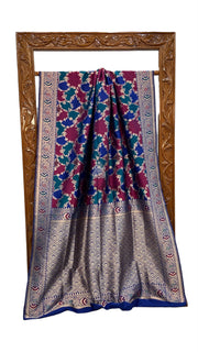 Multicolor Pure Katan Silk Banarasi Handloom Saree - All over Jaal Work With Rangkart - The Handlooms