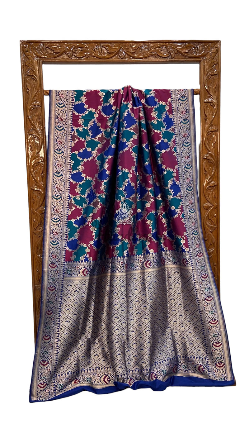 Multicolor Pure Katan Silk Banarasi Handloom Saree - All over Jaal Work With Rangkart - The Handlooms