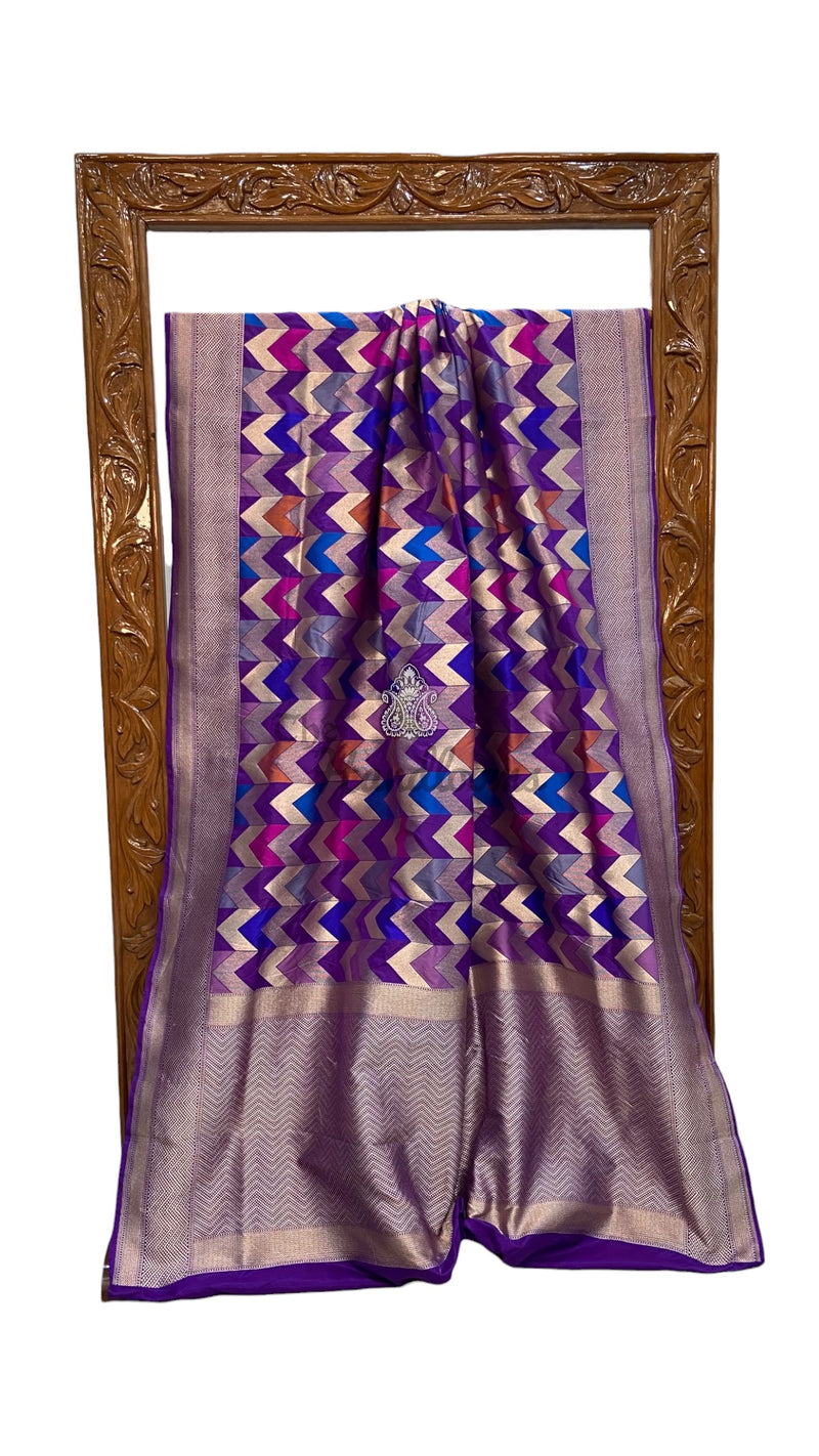 Multicolor Pure Katan Silk Banarasi Handloom Saree - All over Jaal Work With Rangkart - The Handlooms