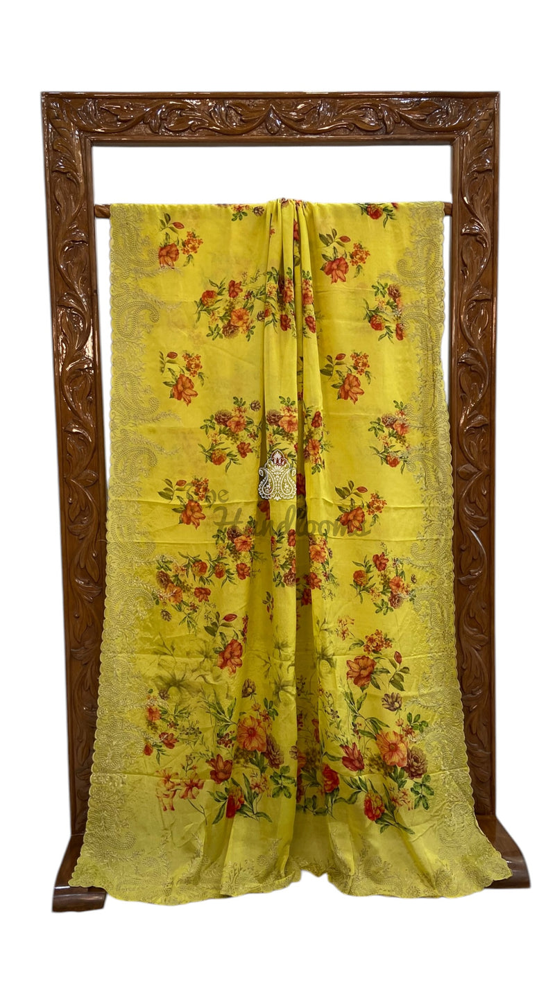 Pure Georgette Handloom Banarasi Saree - Chikanka With Digital Print - The Handlooms