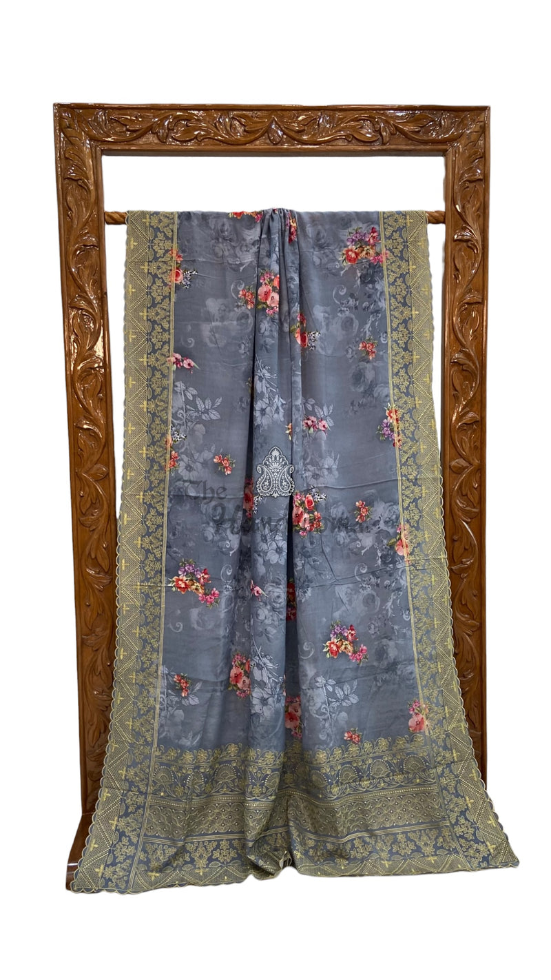 Pure Georgette Handloom Banarasi Saree - Chikanka With Digital Print - The Handlooms