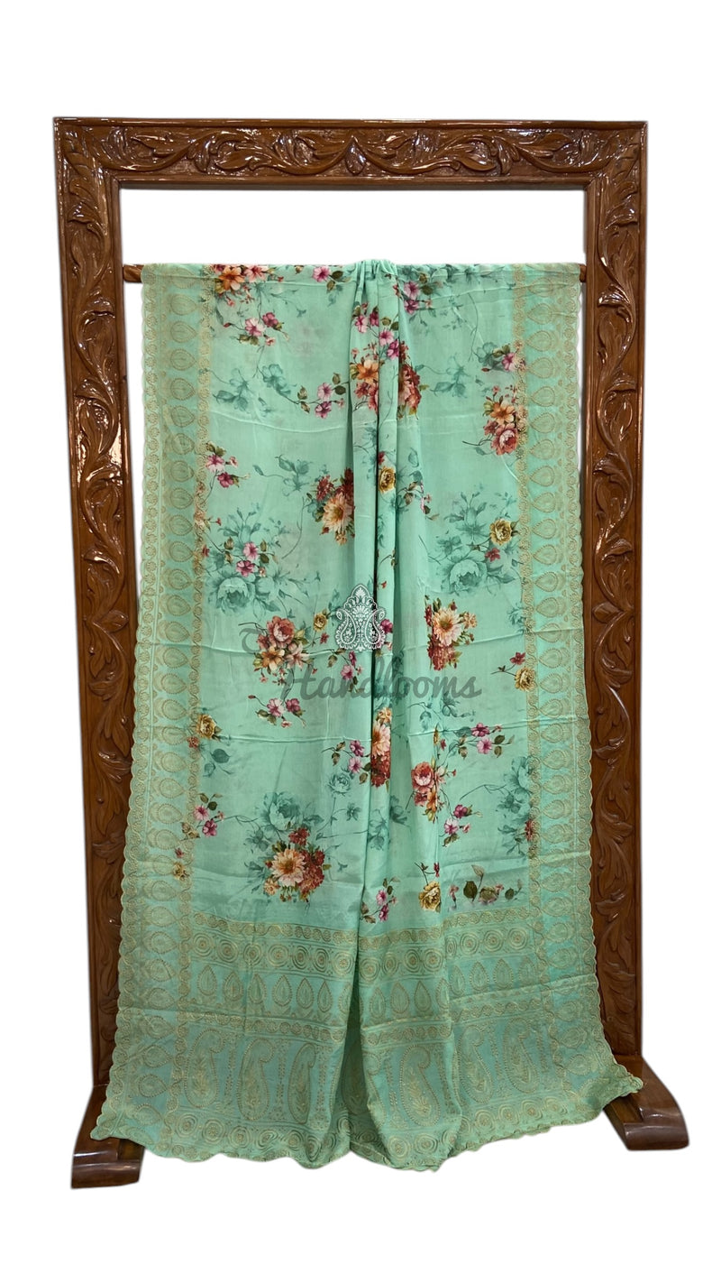 Pure Georgette Handloom Banarasi Saree - Chikanka With Digital Print - The Handlooms