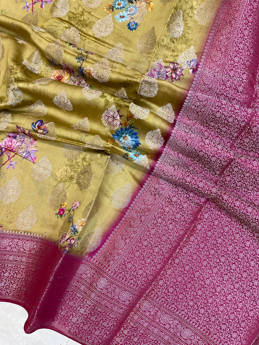 Pure Chiniya Silk Handloom Banarasi Saree Digital Print - The Handlooms