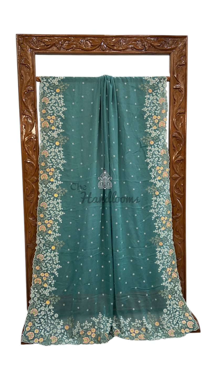 Pure Georgette Chikankari Handloom Banarasi Saree - The Handlooms