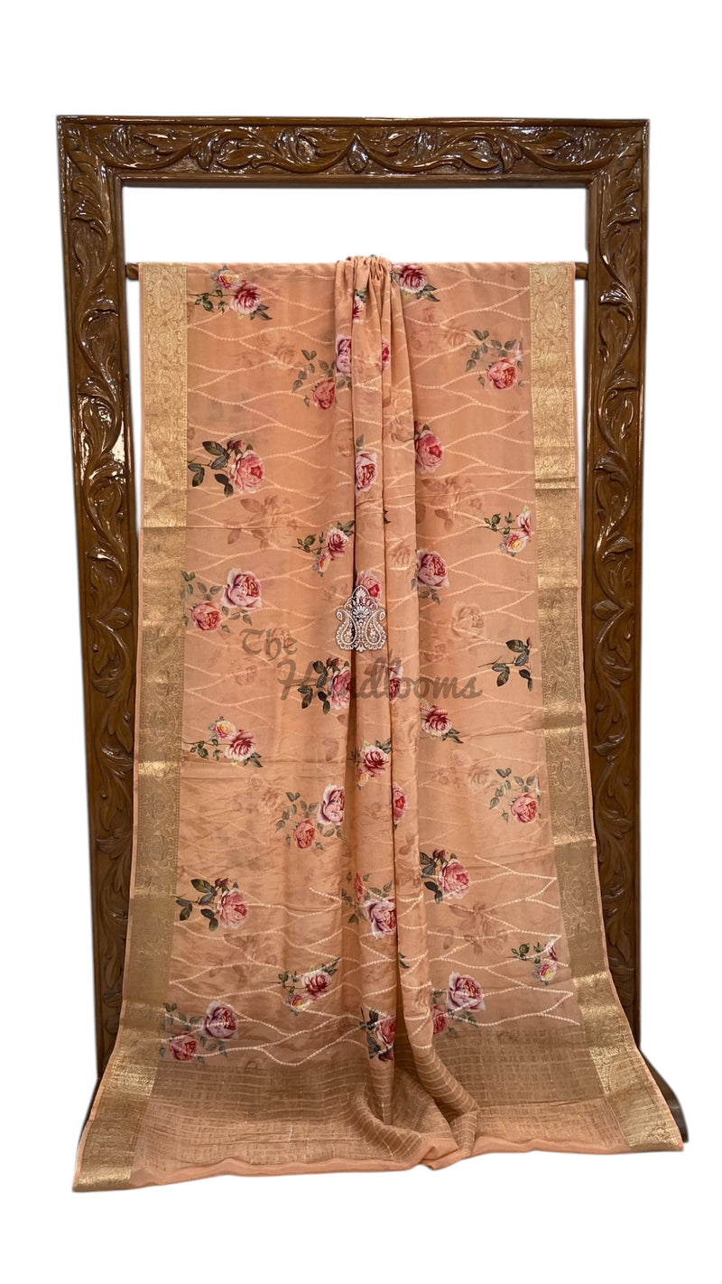 Pure Georgette Handloom Banarasi Saree - Chikanka With Digital Print - The Handlooms